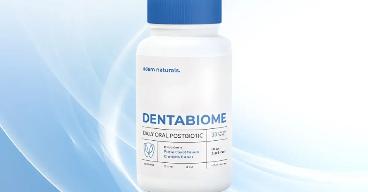 A single white bottle of Adem Naturals DentaBiome Daily Oral Postbiotic dietary supplement chewable tablets with a blue cap against a soft blue abstract background.