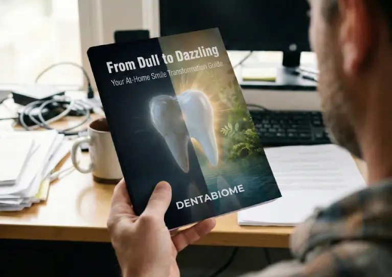 A man holding a printed DentaBiome bonus e-book titled
