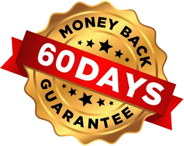 A round golden seal badge wrapped with a red ribbon stating "60 DAYS MONEY BACK GUARANTEE" showcasing consumer refund security and quality assurance.